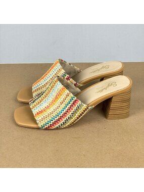 Seychelles Raffia Striped Heeled Sandals Womens 6.5 Tan Multicolor 2.75 Inch